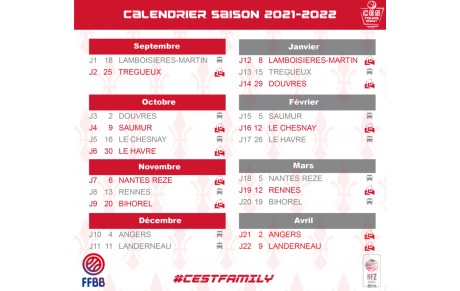 Calendrier 2021/2022 de notre équipe Nationale 2